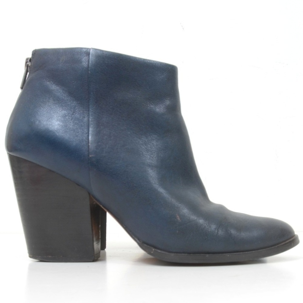 Cole Haan Grand.OS Blue Leather Ankle Boots Women's 8.5B Block Heel Side Zip